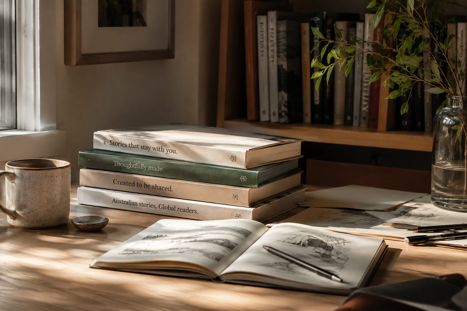 Books on a desk with an open book in the foreground and a bookshelf behind, evoking an independent publisher