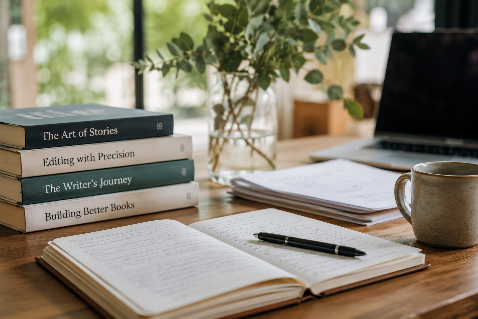 Writing desk with stacked books, open notebook, pen, laptop, vase of greenery, and mug