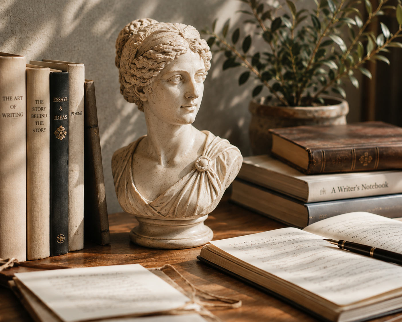 Classical marble bust beside stacked books and open notebooks